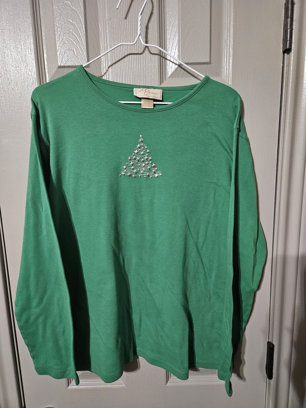 Women’s Green Long-Sleeve Tee with Beaded Tree Accent